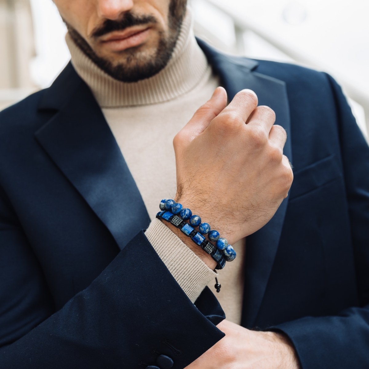 Bracciale da uomo con perle piatte LAPISLAZZULI