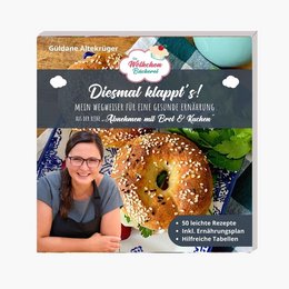 This book "Diesmal klappt's - Mein Wegweiser für eine gesunde Ernährung aus der Reihe 'Abnehmen mit Brot & Kuchen'" is about healthy eating and weight loss. The cover features an image of a woman with glasses and a bagel or donut-shaped pastry.