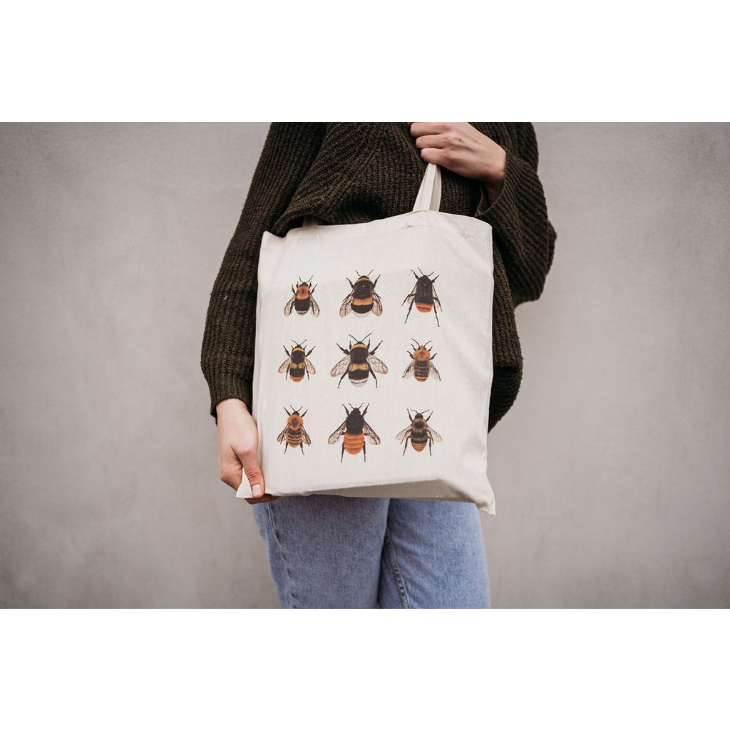 Bio Baumwolltasche Hummeln, Stofftasche bedruckt, Jutebeutel für Naturliebhaber