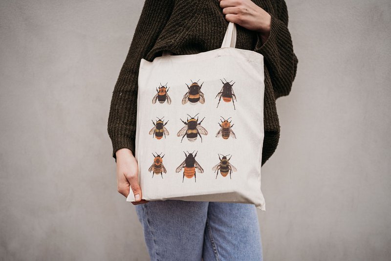 Bio Baumwolltasche Hummeln, Stofftasche bedruckt, Jutebeutel für Naturliebhaber