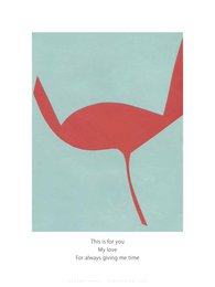 This is a minimalist wall art piece featuring a simple red bird-like shape against a light blue-green background. The text below the image reads "This is for you" and "The beauty of simple things".