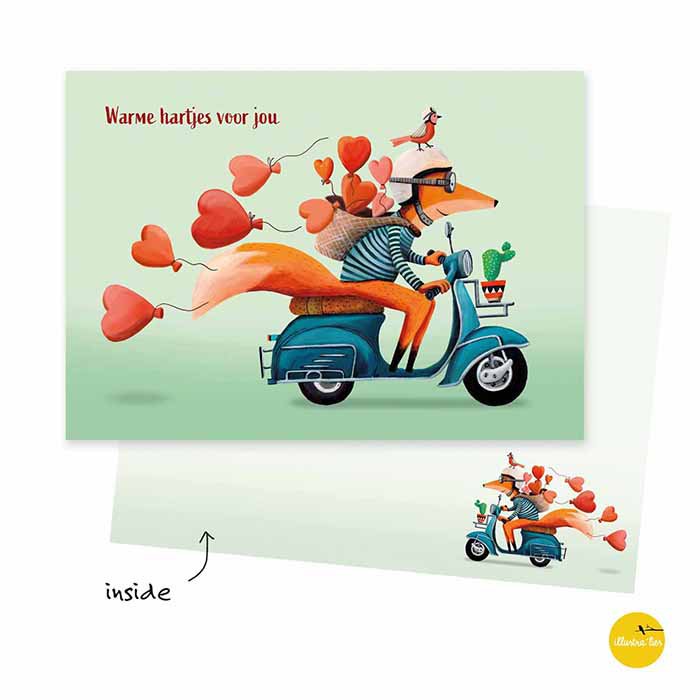 Tarjeta de felicitación Pequeño zorro en scooter