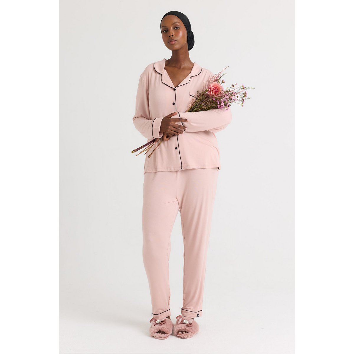 Set pigiama lungo in bambù rosa