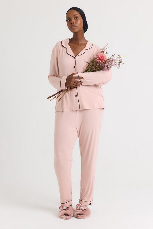 Set pigiama lungo in bambù rosa