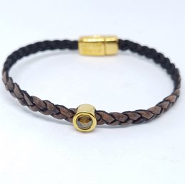 Bracciale corto in pelle intrecciata placcato oro 24 carati