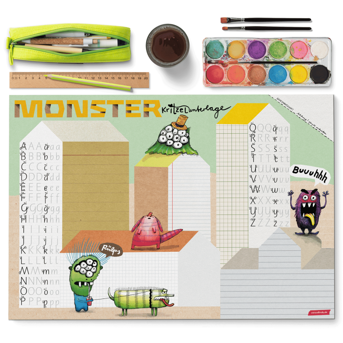 Schreibtischunterlage Monster – Kritzelunterlage mit ABC