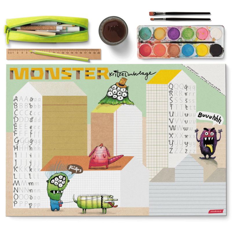 Schreibtischunterlage Monster – Kritzelunterlage mit ABC