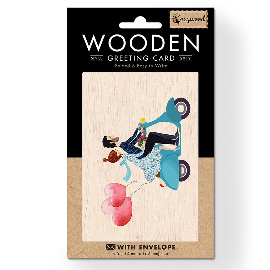 Blue Scooter Wedding Tarjeta de felicitación doblada de madera