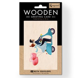 Blue Scooter Wedding Tarjeta de felicitación doblada de madera