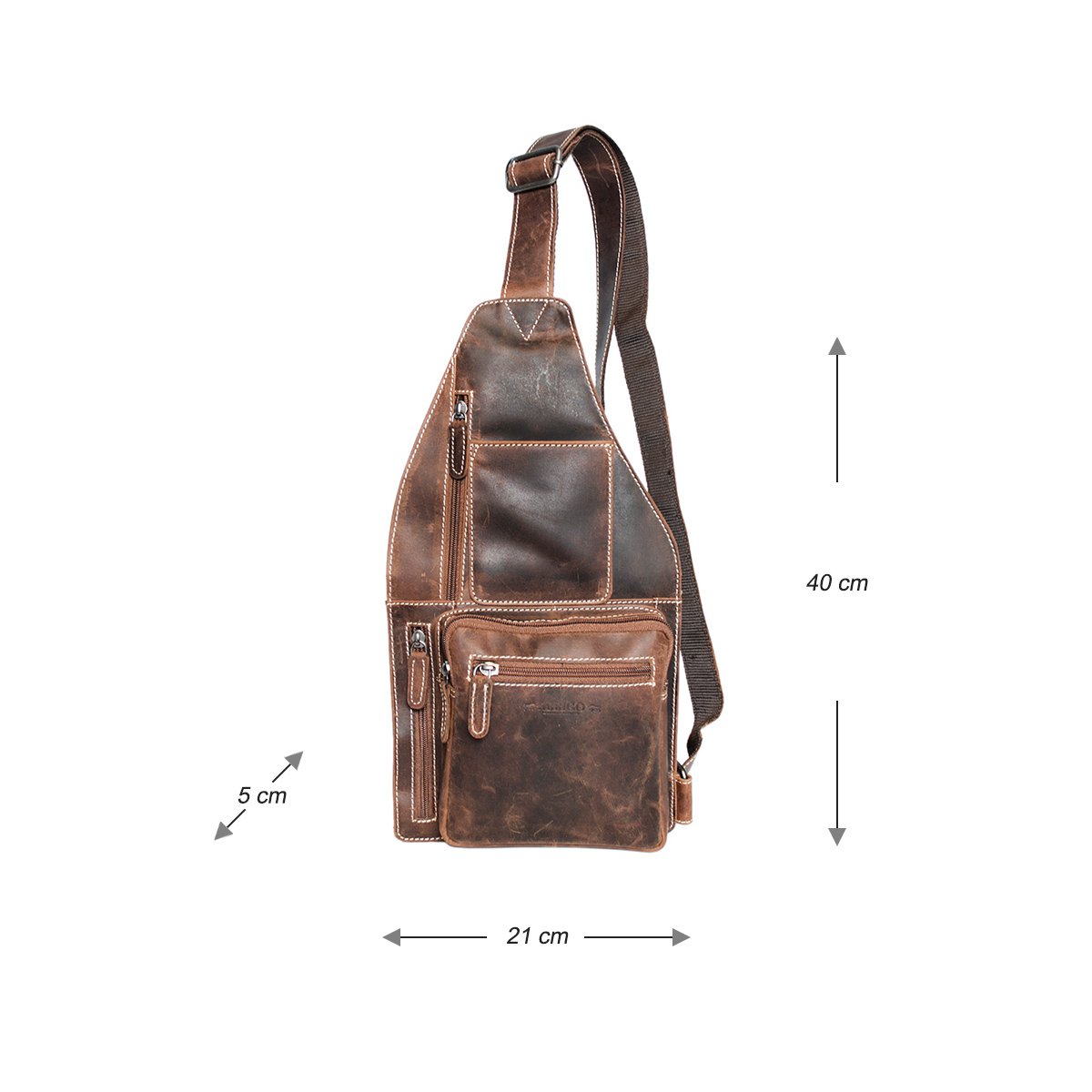 Bolso bandolera en 3 colores de piel de búfalo con bandolera regulable y 5 compartimentos con cremallera