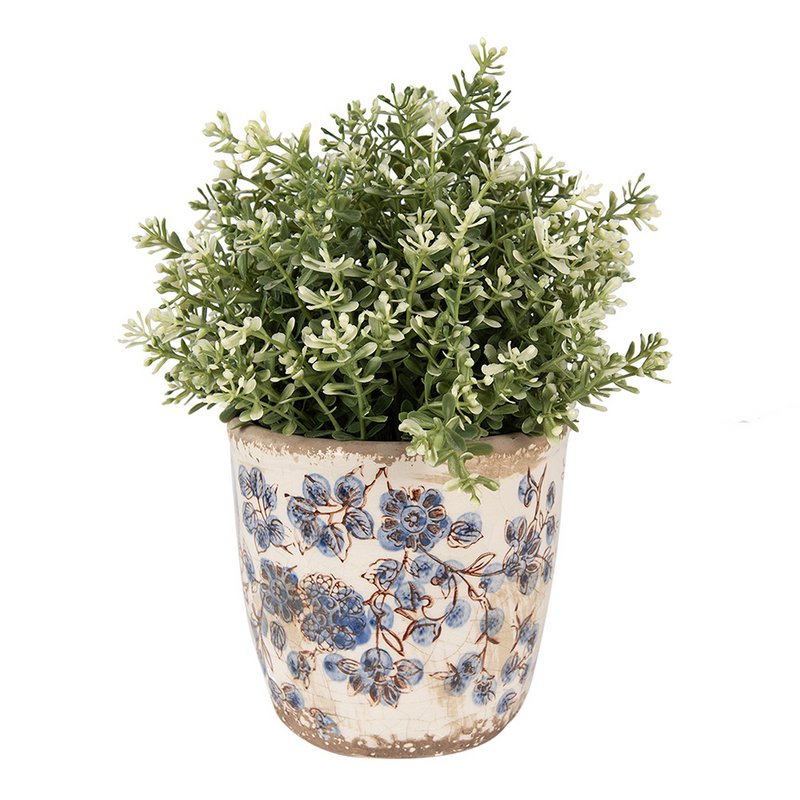 Blumenpot Ø 11x10 cm Beige blau Keramik Blumenpot im Inneren