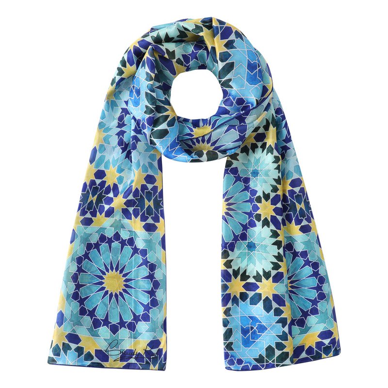 Blue and Gold Silk Scarf Secret Flower