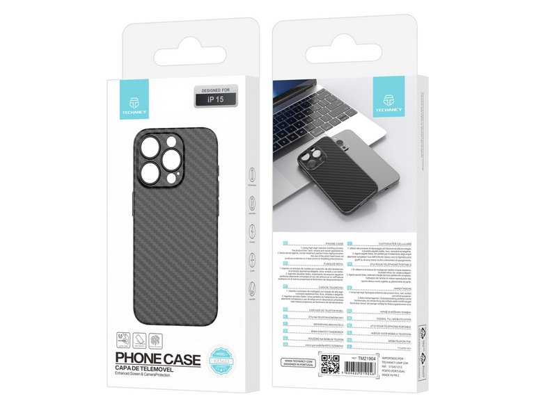 Techancy Ultra Thin Carbon Fiber Phone Case KX5603, kompatibel med iPhone 15, 0,5 mm Pp materiale.