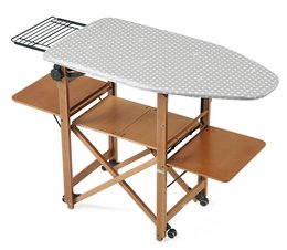 Wooden folding ironing board with storage shelves, oval-shaped top, and iron holder. Suitable for small spaces.