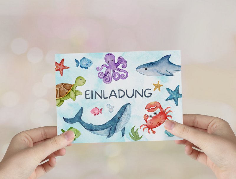 Underwater invitation card set to fill out including envelopes for shark children's birthday parties or mermaid parties