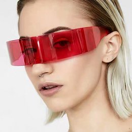 Stylish red sunglasses with a bold, geometric frame design. Available in silver, black, and red color options.