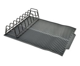 Black metal dish rack, modern kitchen organizer, vertical storage, draining tray included.