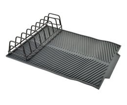 Black metal dish rack, modern kitchen organizer, vertical storage, draining tray included.