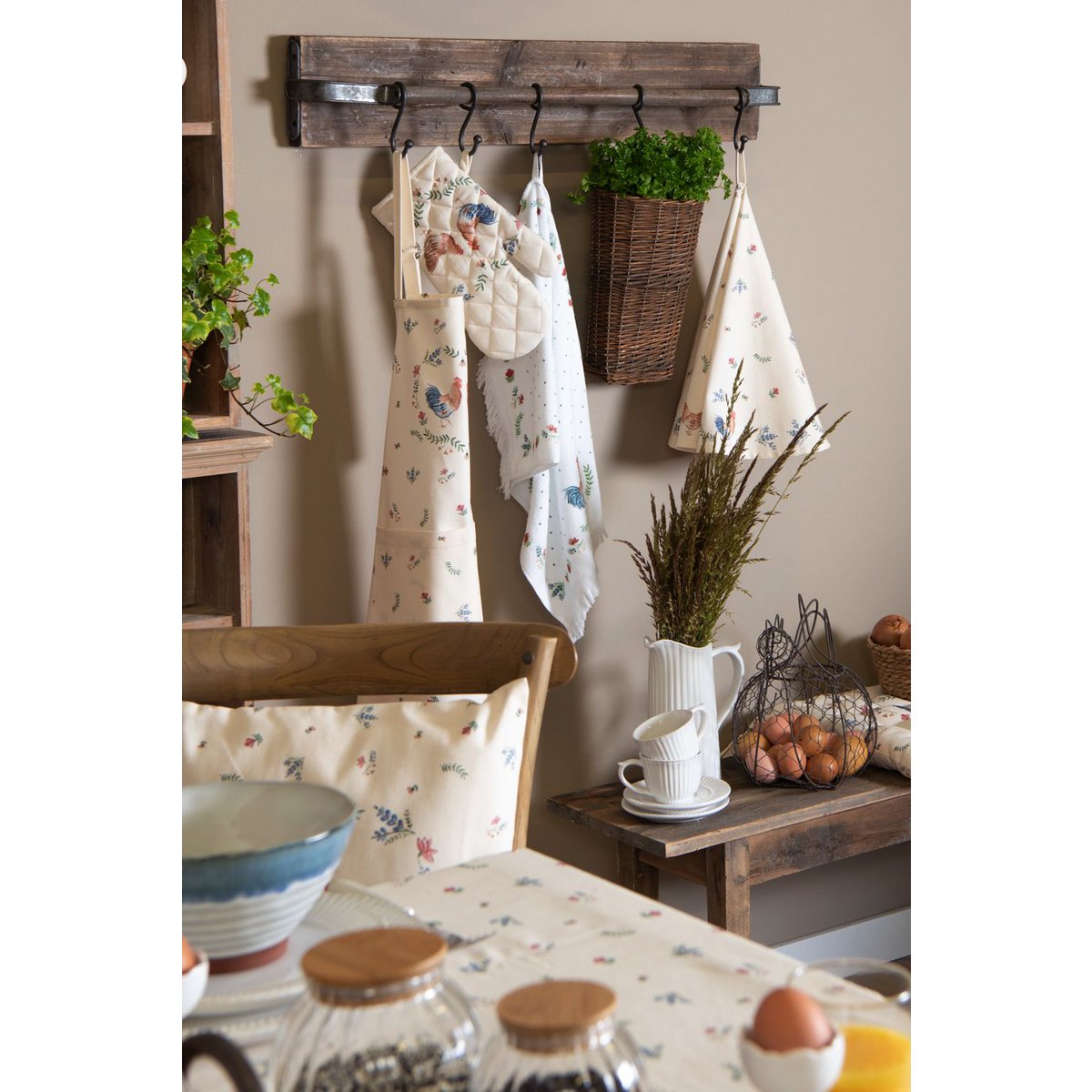 Broodmand 35x35x8 cm Beige Blauw Katoen Kip en Haan Cadeau Keuken