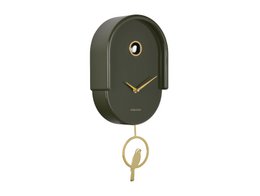 Modern olive green oval wall clock with brass pendulum, minimalist design, contemporary style timepiece.