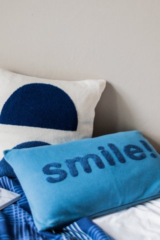 Smile Pillow Blue, Punch Needle Embroidery