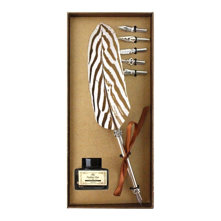 Quillpen Ink Set, scatola color marrone dorato con piuma di fagiano