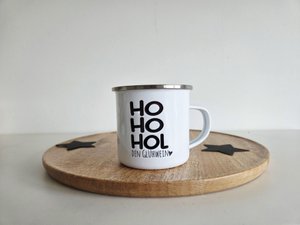 Enamel cups with heart and saying "Ho ho get the lucky wine"