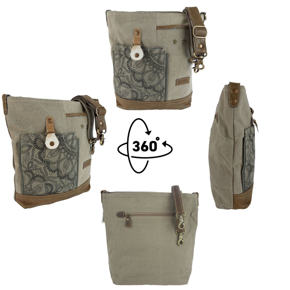 Sunsa dames schoudertas. Handtas gemaakt van canvas en leer. Schoudertas in vintagestijl. Grote kaki crossbodytas voor dames met mandala print