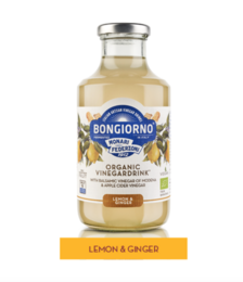 Lemon and ginger organic juice, 500 ml bottle. Bright yellow lemon fruit with green leaves, ginger root, and the Bongiorno brand logo.