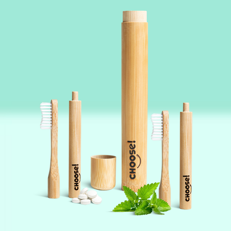 Bamboo Toothbrush Set with Toothpaste Tablets - Gift Bamboo Box - Choose!