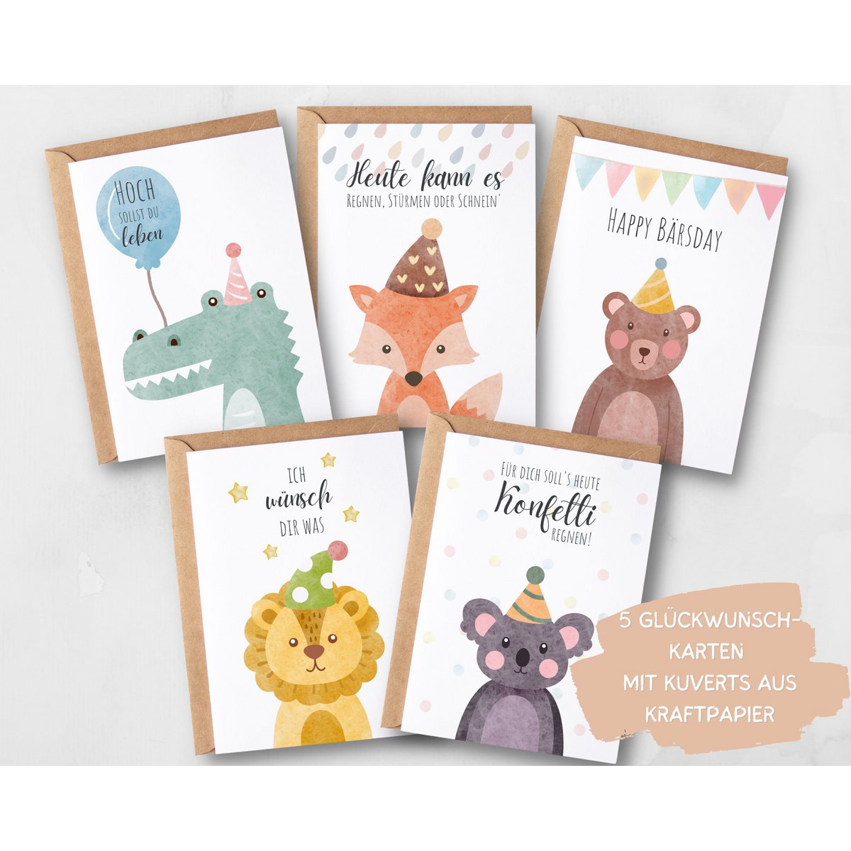 Juego de tarjetas de cumpleaños para niños y adultos con animales, 5 tarjetas plegables con sobres, juego de tarjetas de felicitación de cumpleaños