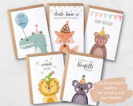 Verjaardagskaartenset voor kinderen en volwassenen met dieren, 5 vouwkaarten met enveloppen, verjaardagswenskaartenset