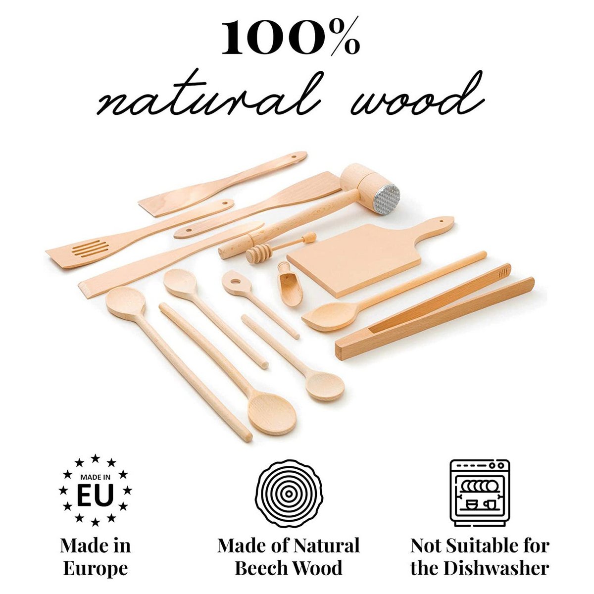 15 Piece Wooden Kitchen Utensil Set (Cooking Spoons, Turners, Honey Spoon, BBQ Tongs, Cutting Board, Meat Hammer, Spice Spoon)