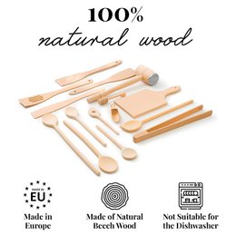 15 Piece Wooden Kitchen Utensil Set (Cooking Spoons, Turners, Honey Spoon, BBQ Tongs, Cutting Board, Meat Hammer, Spice Spoon)