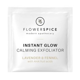 Lavender and fennel calming exfoliating face scrub in 2.5ml packet. Provides instant glow and gentle exfoliation.