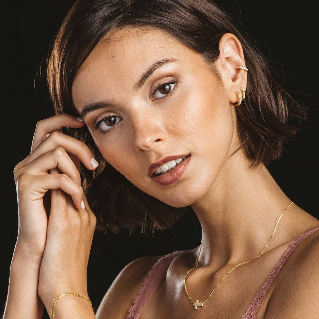 Creole earrings in gold-plated silver and zircons two lanes small size