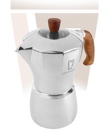 Elegant aluminum moka pot for making authentic Italian espresso. Features a classic design with a wooden handle for a refined and sophisticated look.
