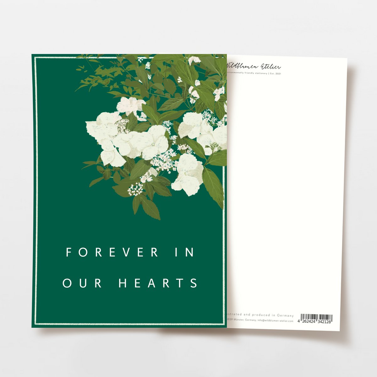 Mourning card 'forever in our hearts' with white flowers