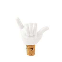  A white bottle sealer with a loose, relaxed hand gesture on top. The bottle sealer is made of a cork material and appears to be a product for sealing bottles.