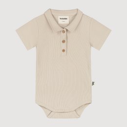 Cream ribbed baby romper with short sleeves, collar neckline, and button front closure for infants.