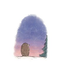 A Christmas card featuring a hedgehog silhouette against a starry night sky and pine trees. The card has a simple, minimalist design with a focus on the hedgehog and the natural elements.