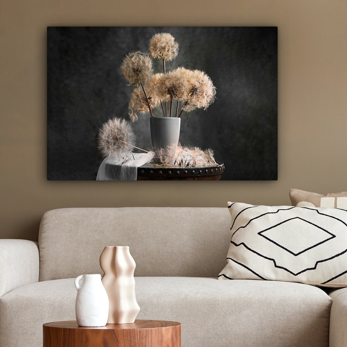 Leinwand Malerei - Wanddekoration - Blumensamen - Löwenzahn - Vase - Stillleben - Bouquet