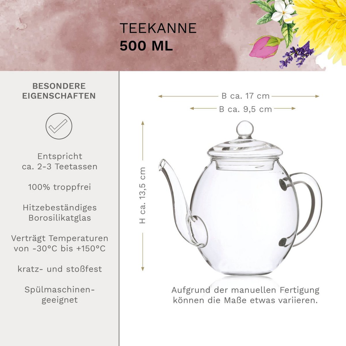 Blooming tea giftset in modern bloemmotief met glazen kan, zwarte thee (6 theeroosjes / 3 soorten)