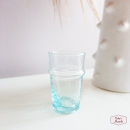 Small Moroccan beldi glass in a light blue-green color, suitable for water or other beverages.