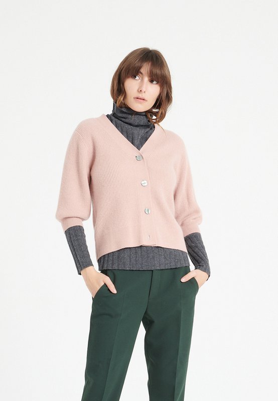 MIA 13 V-hals kortærmet cashmere cardigan med ribstrikket pudderrosa