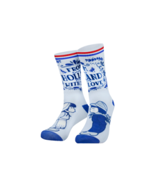 Blue and white socks with Dutch windmill pattern, colorful striped cuff, novelty Holland design.