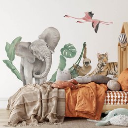 Safari-themed wall sticker featuring elephants, tigers, and tropical foliage. Vibrant colors and whimsical animal illustrations create an engaging and playful design for a child's bedroom or nursery.