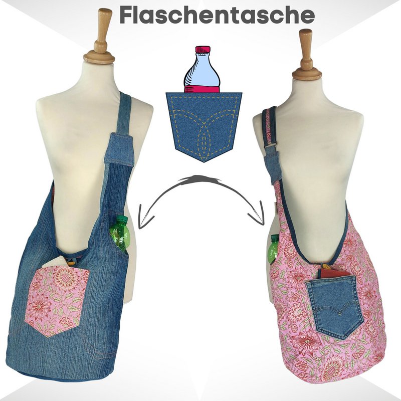 Sunsa sustainable jeans bag. 2-sided portable shoulder bag. Hobo bag. Boho Crossbody Bag
