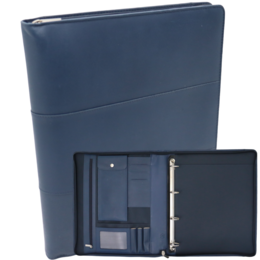 A navy blue leather writing folder with a conference folder, document folder, tablet cover, and laptop sleeve. It has a professional and organized appearance suitable for business or office use.