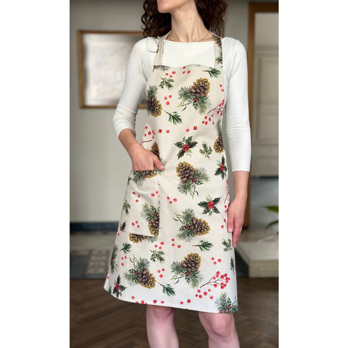Tablier de Noël pour femme en mélange de coton et de lin, imprimé | Pin doré